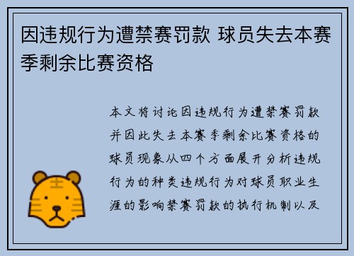 因违规行为遭禁赛罚款 球员失去本赛季剩余比赛资格
