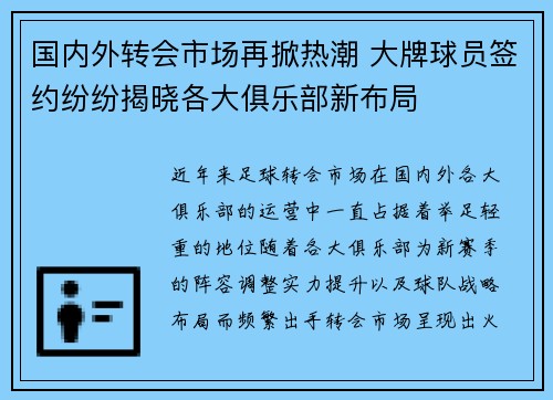 国内外转会市场再掀热潮 大牌球员签约纷纷揭晓各大俱乐部新布局