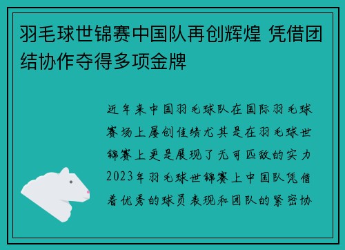 羽毛球世锦赛中国队再创辉煌 凭借团结协作夺得多项金牌