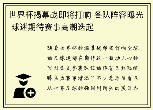 世界杯揭幕战即将打响 各队阵容曝光 球迷期待赛事高潮迭起
