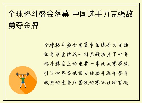 全球格斗盛会落幕 中国选手力克强敌勇夺金牌